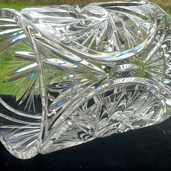 Pinwheel Hand Cut Etched Lead Crystal Vase Candle Holder Poland 4.5" bisquit jar - Picture 6 of 11